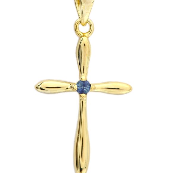 Silver Cross Natural Blue Sapphire Cross Pendant plated with 14k gold - Picture 1 of 7